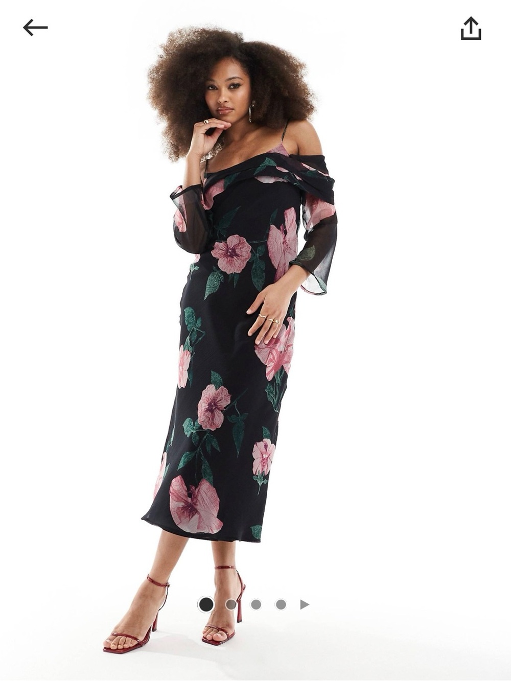 ASOS long sleeve bardot midi dress in black floral print